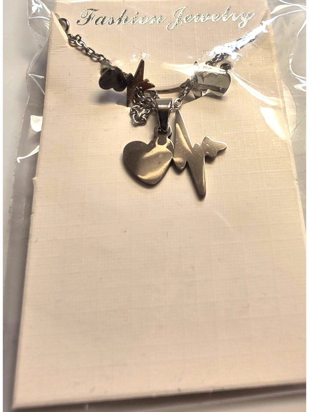 Stainless Steel Heart Heartbeat ECG Necklace Earrings Set Silver Tone New Gift